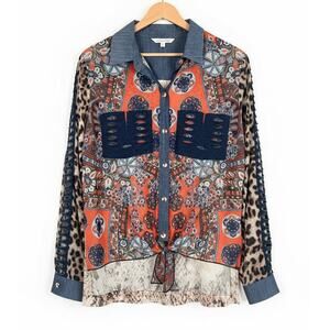 John Mark‎ Womens S Maximalist Artsy Boho Western Distressed Button Down Shirt